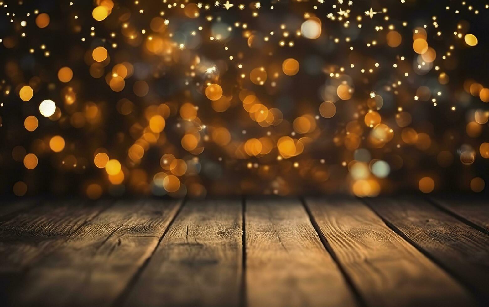Christmas bokeh background, wooden background with bokeh, glitter stars, rustic wood, and Backdrop for product presentation. AI Generative photo