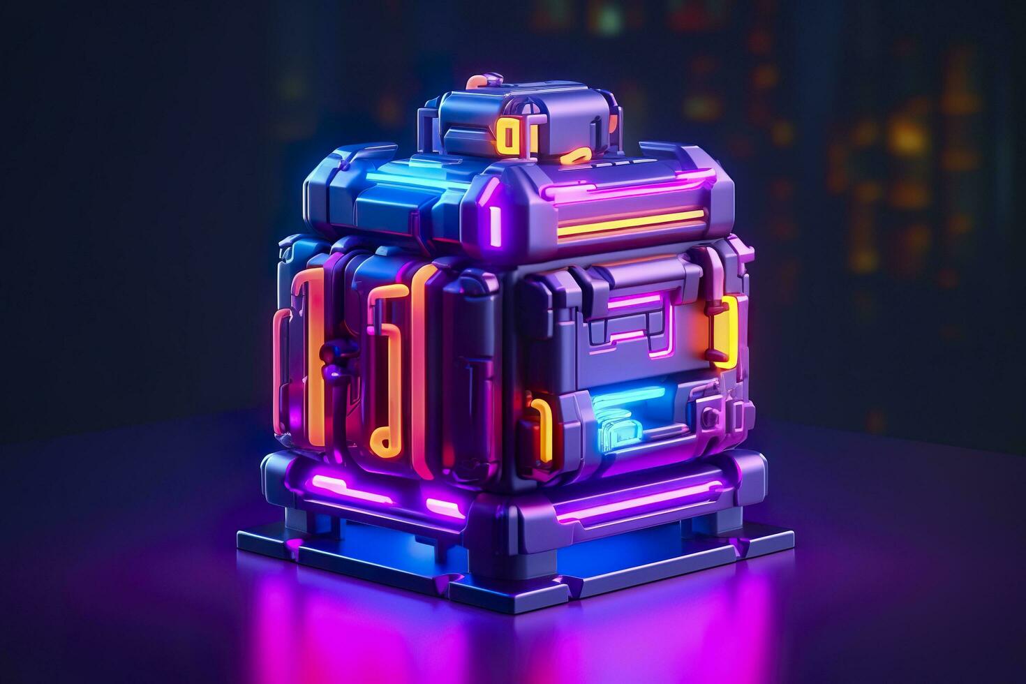 Modern and Futuristic Neon Digital Gaming Chest in Cartoon Pixar 3D Blender Style. AI Generative photo