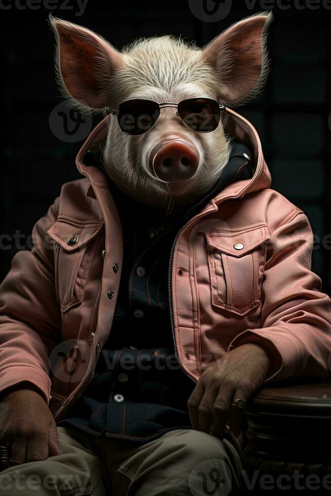 Portrait of a funny pig wearing a hat and sunglasses on a black background. AI generative photo