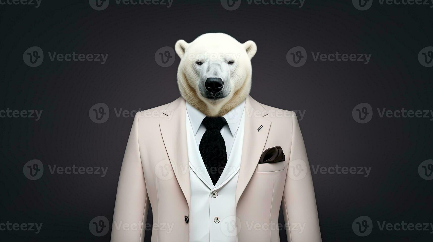 polar oso en un negocio traje y Corbata en un oscuro fondo.ai generativo foto