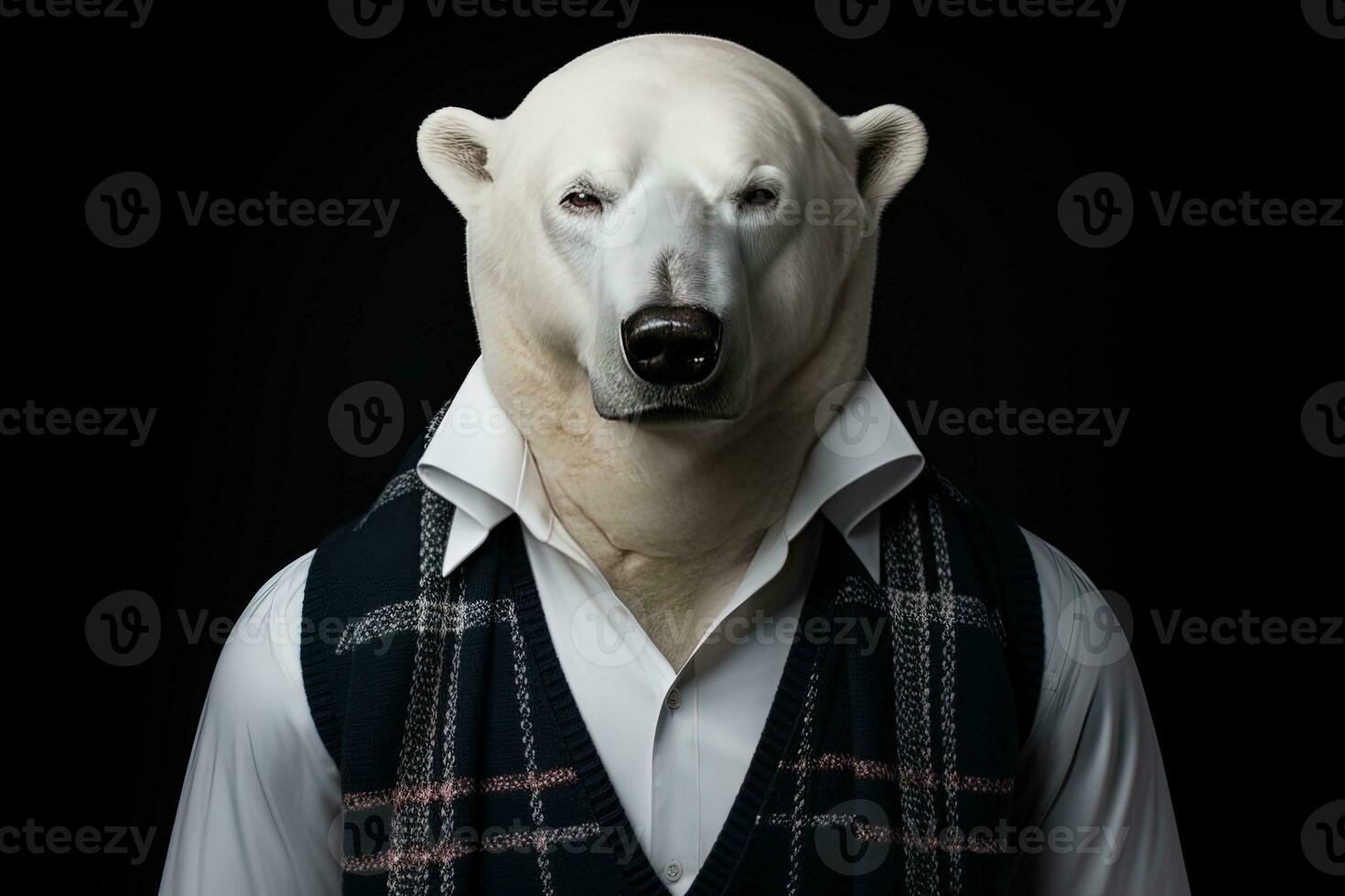 Polar bear in a business suit and tie on a dark background.AI generative photo