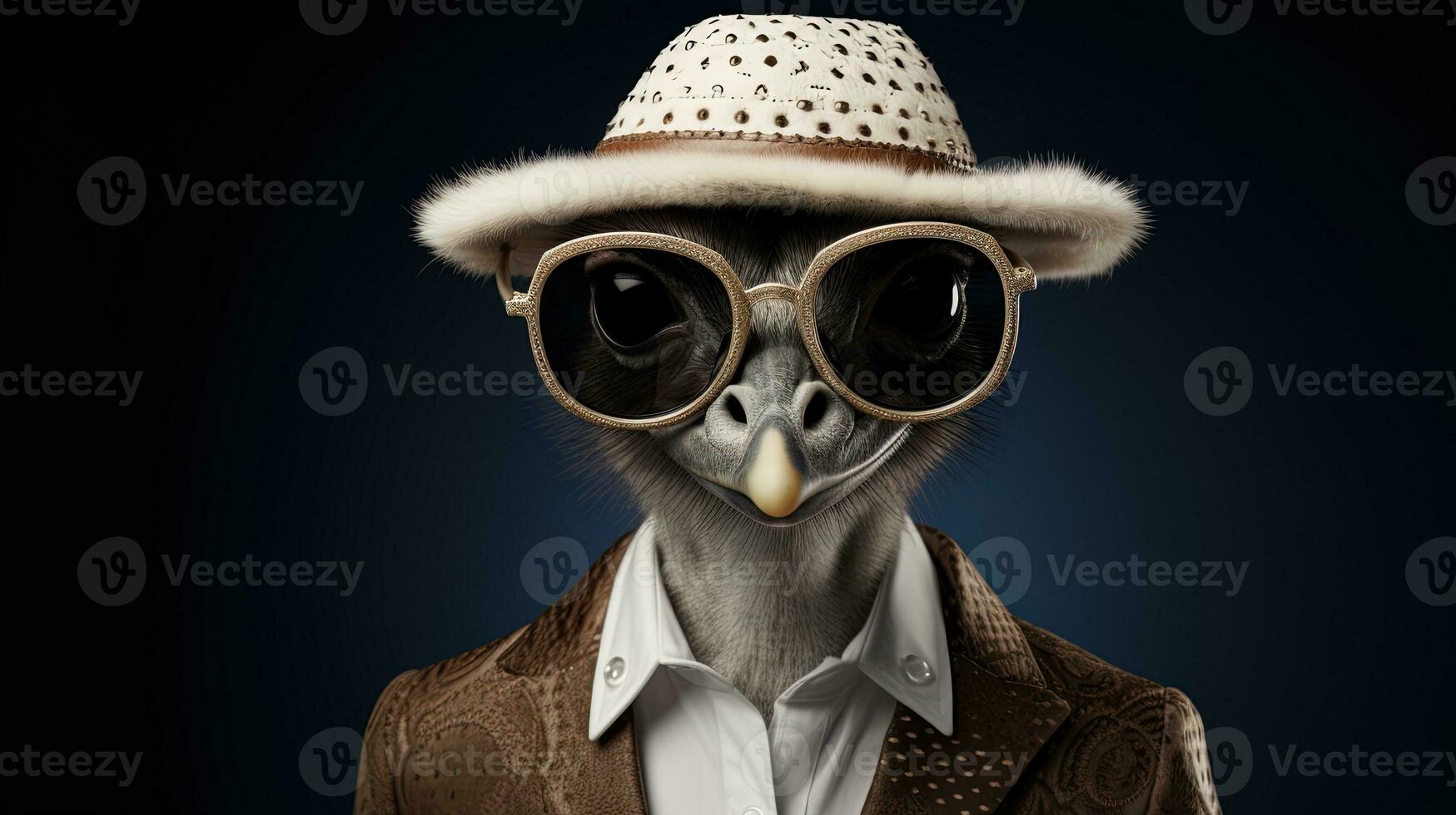 Portrait of an ostrich in a hat and a jacket on a black background. AI Generative photo