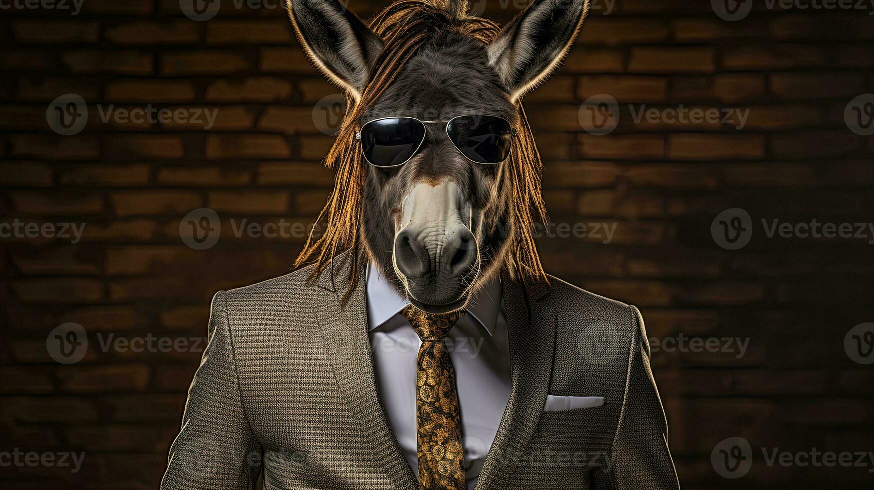 Portrait of a funny donkey wearing sunglasses and a suit. AI generative photo