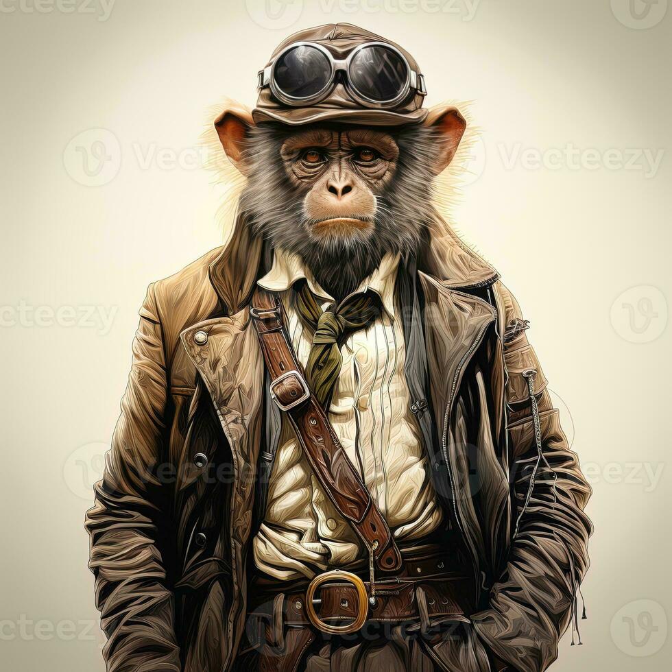 Portrait of a monkey in a leather jacket and aviator hat. AI generative photo