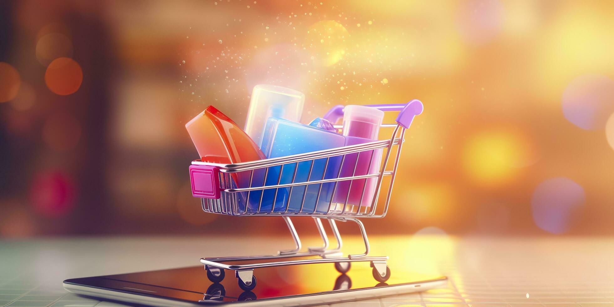 E-Commerce Shopping Cart with Multiple Products. A Sunlit Abstract Background. E-commerce concept. AI Generative photo