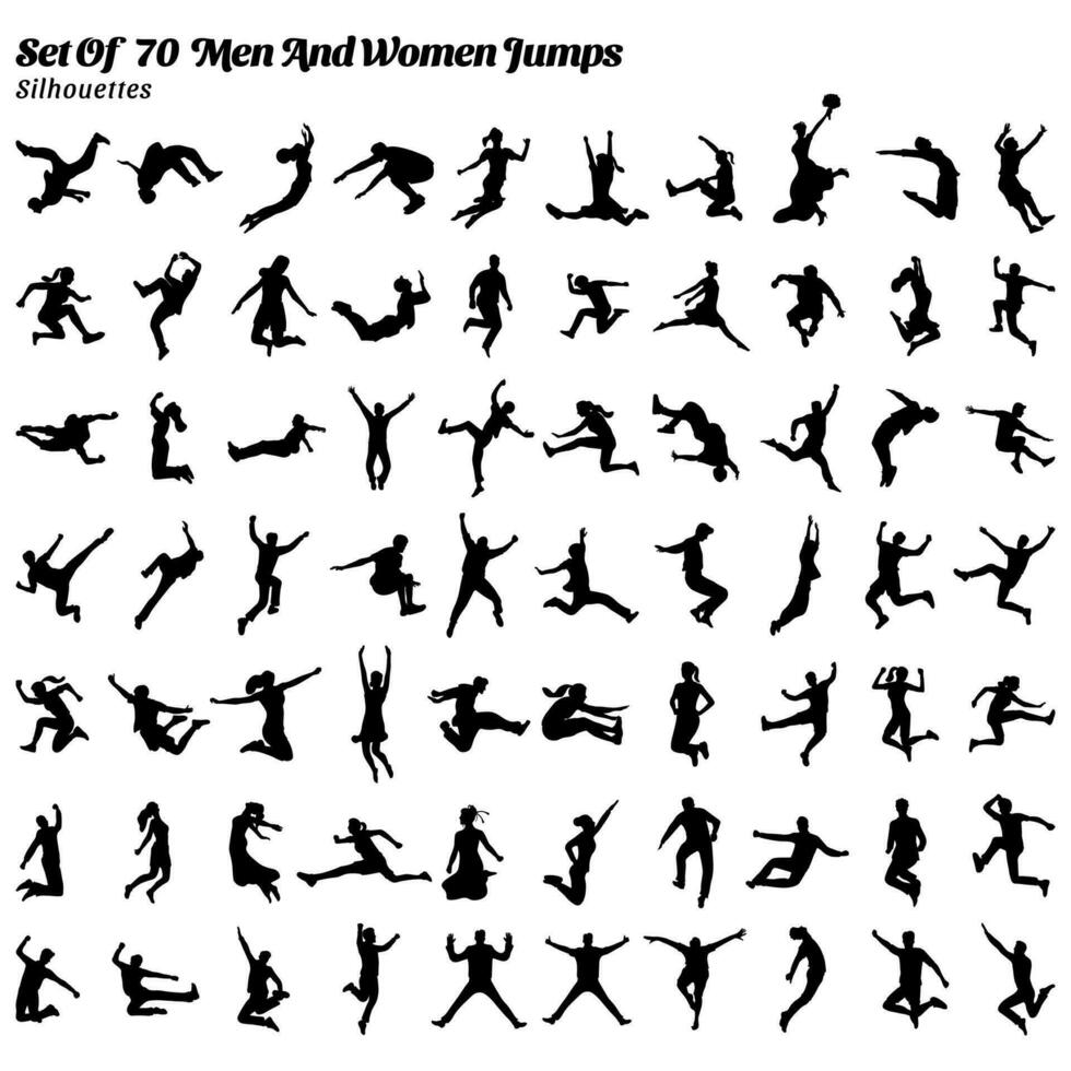 Collection of silhouette vector illustrations of 70 people men women jumping