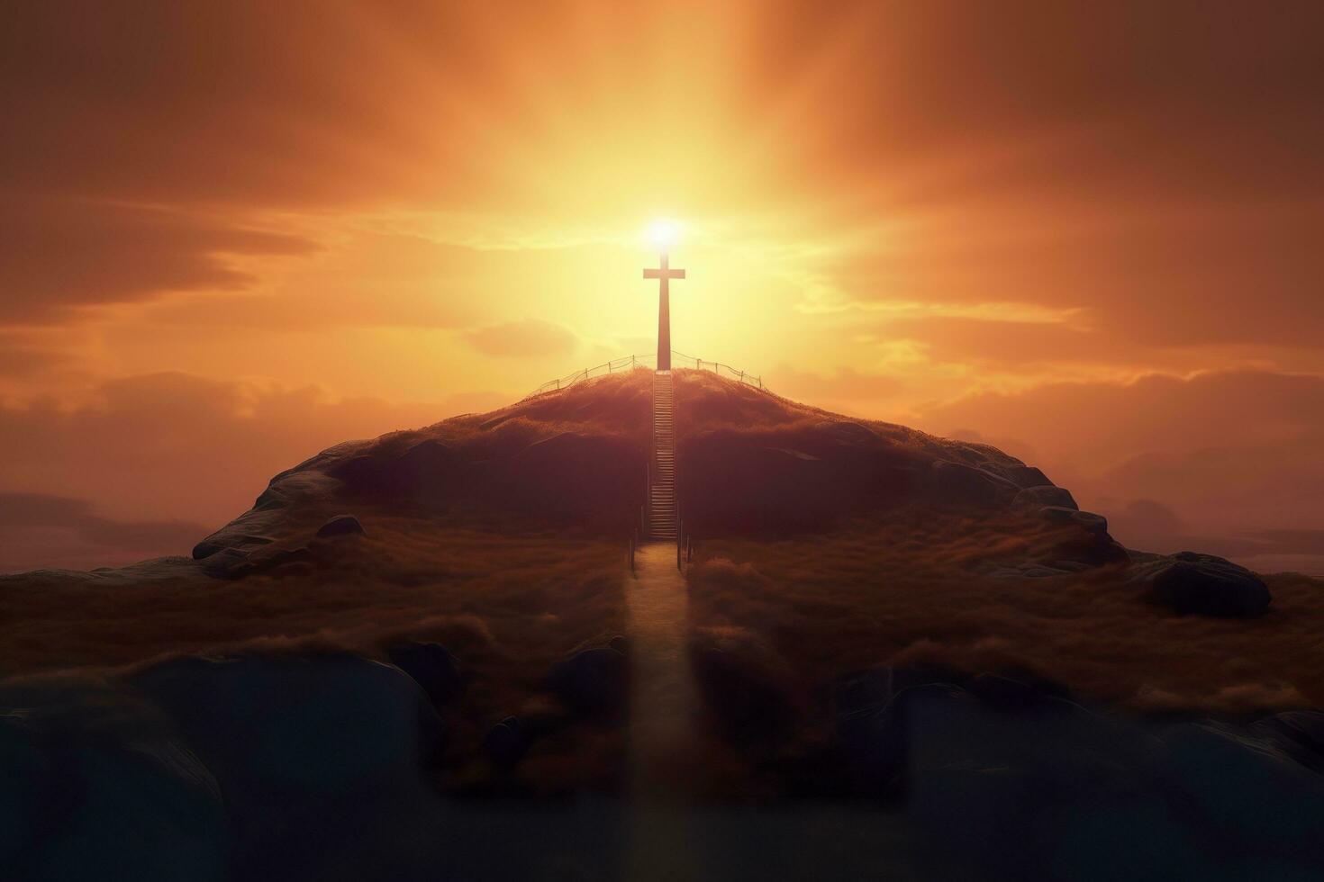 The cross of God in the rays of the sun. Cross on the hill. Religious concept. AI Generative photo