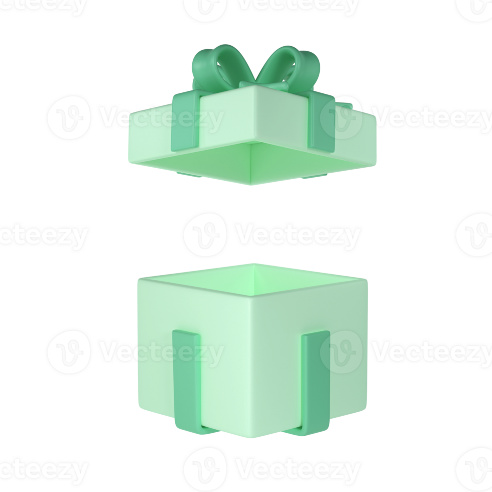 3d verde aberto Natal presente caixa ícone com pastel fita arco em transparente fundo. render moderno feriado. realista ícone para presente, aniversário ou Casamento bandeira png