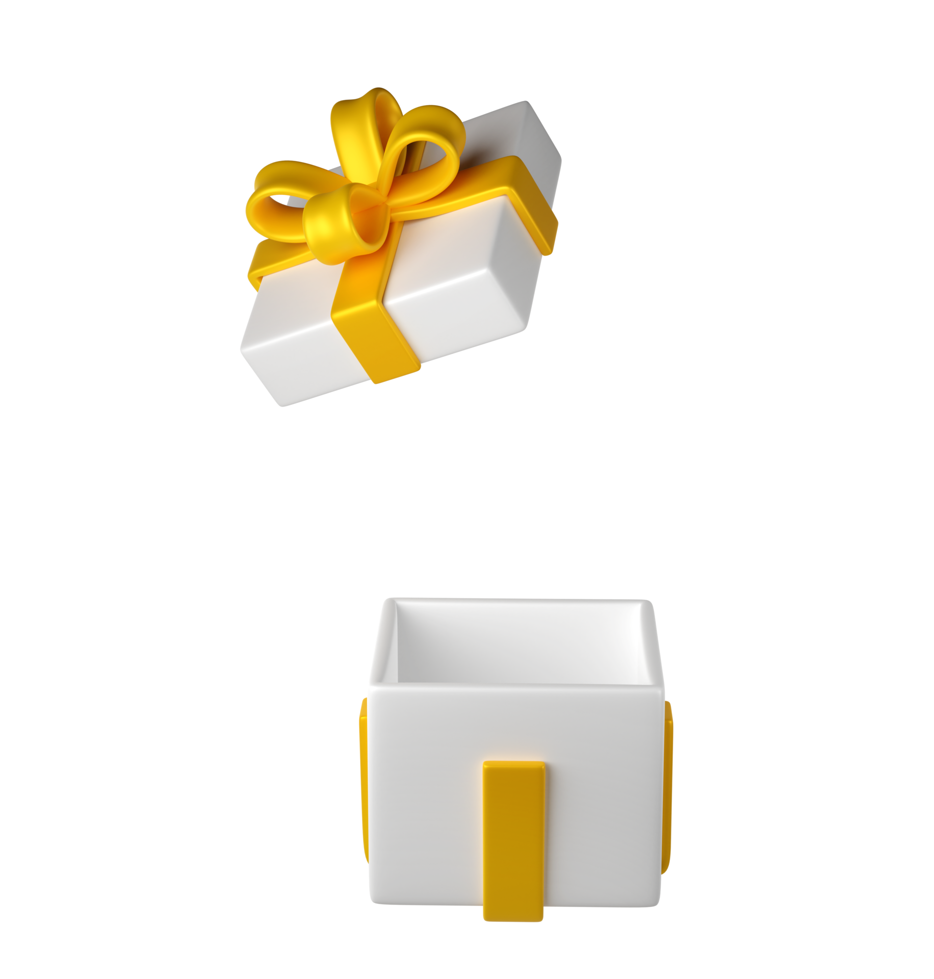 3d white open christmas gift box icon with golden ribbon bow