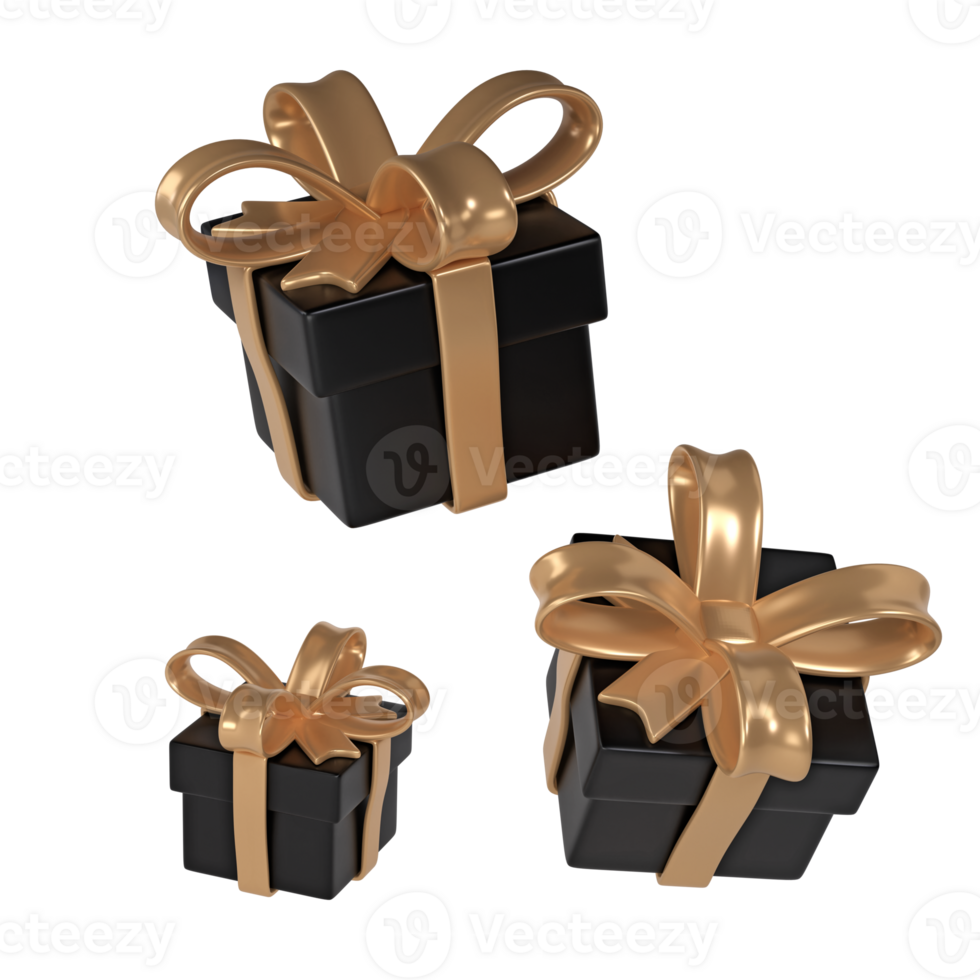 3d negro viernes Tres regalo cajas icono con dorado cinta arco en transparente antecedentes. hacer tienda rebaja moderno día festivo. realista icono para presente compras bandera o póster png