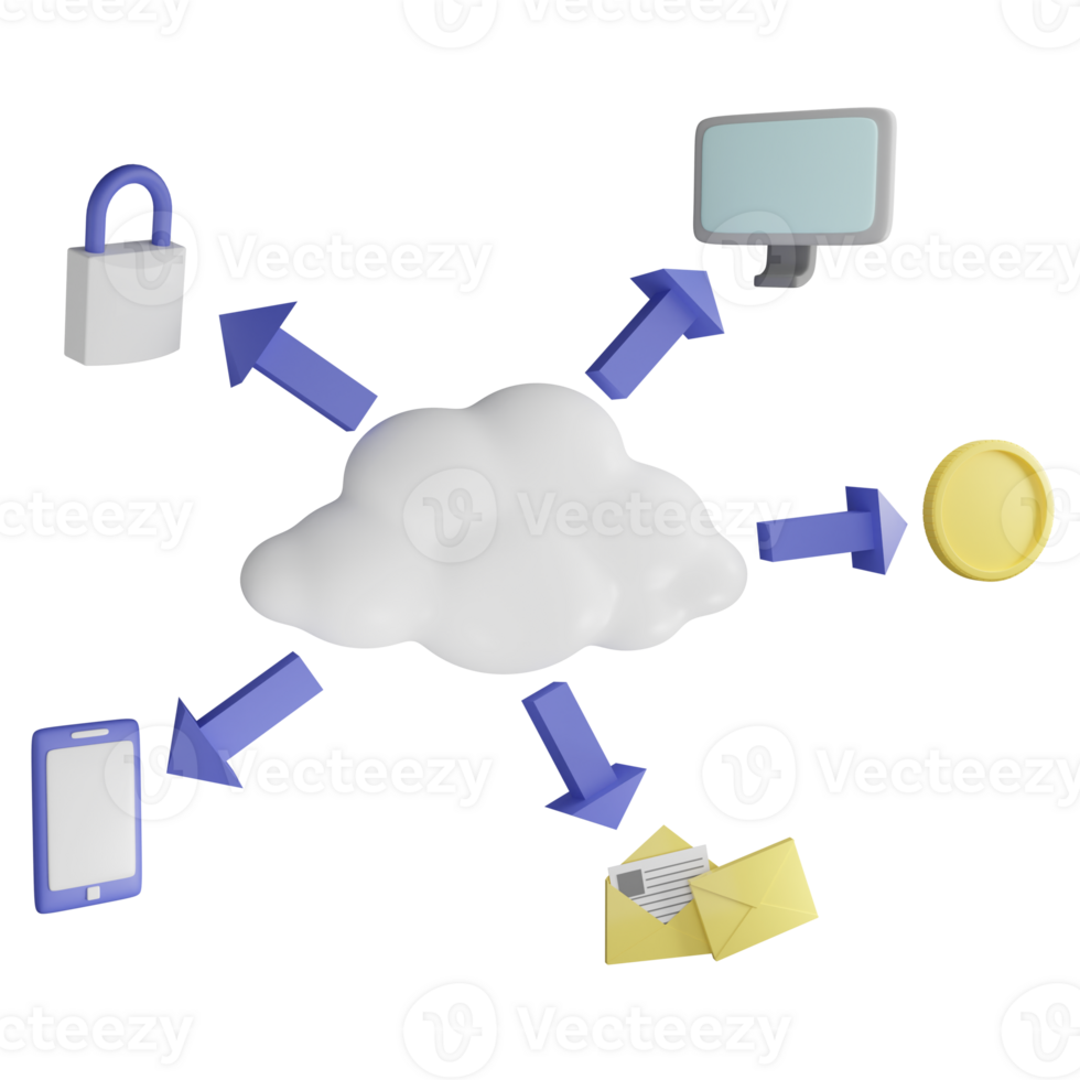 Cloud computing system clipart flat design icon isolated on transparent background, 3D render technology and cyber security concept png