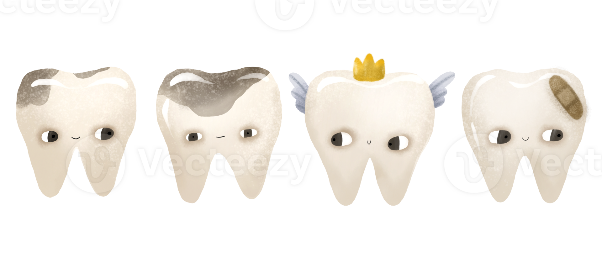 Dentition with diseased teeth, caries, tooth with plaster and tooth fairy with wings and crown. Toothache. Baby cute isolated illustration on  transparent background. png