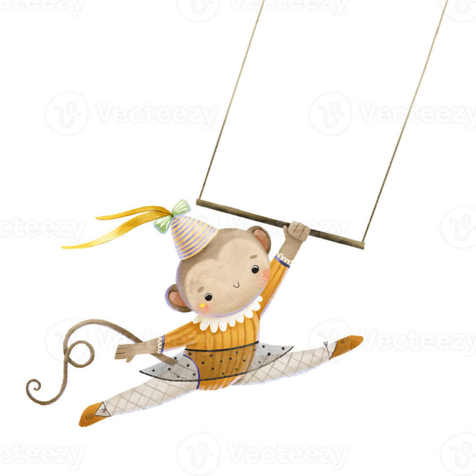 A monkey aerial gymnast in a yellow sports leotard. Athletic woman on a swing. Children's illustration with circus show performance. Fairytale character png