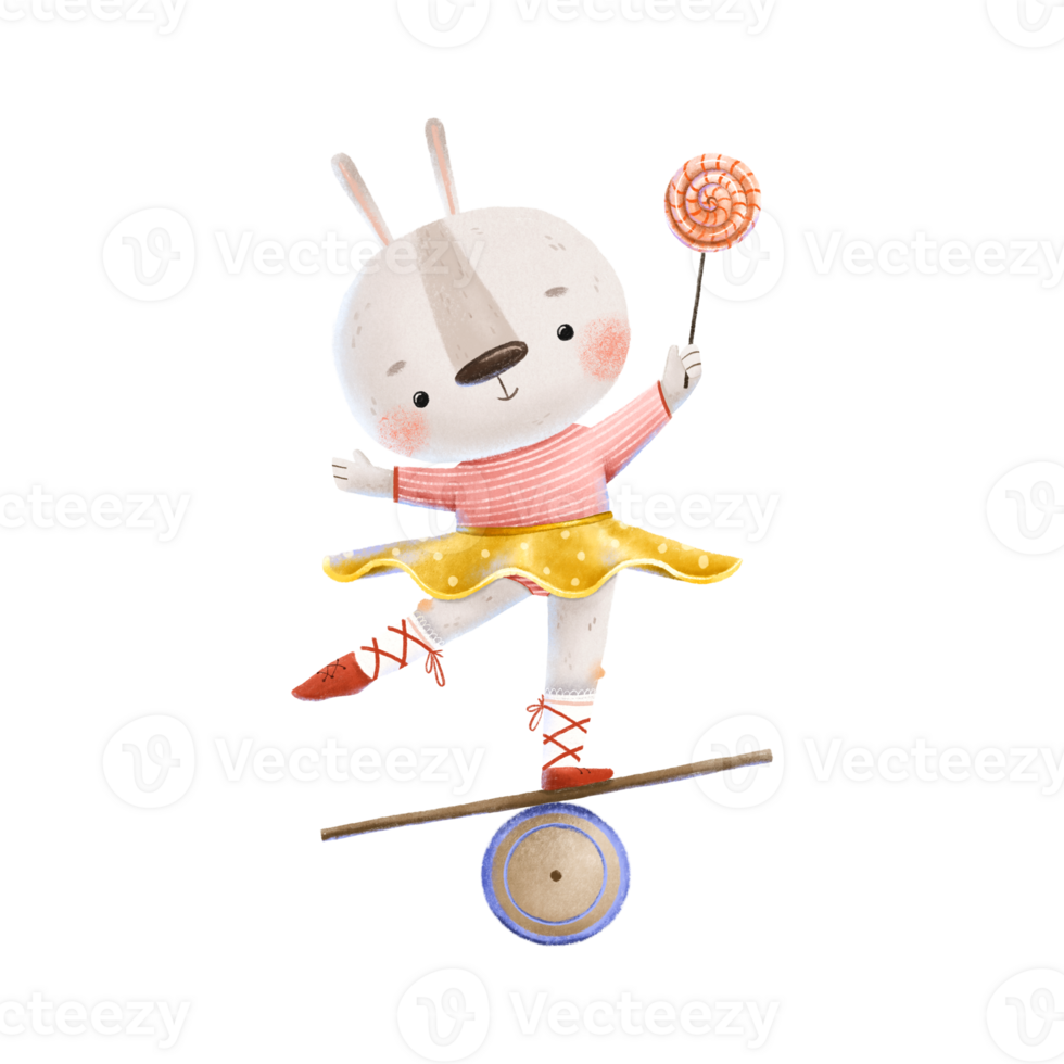 A little bunny gymnast in a fluffy skirt and pointe shoes shows tricks at a circus show. The hare stands on the Trickboard and balances on one leg and with a lollipop in his hand. children  drawn png
