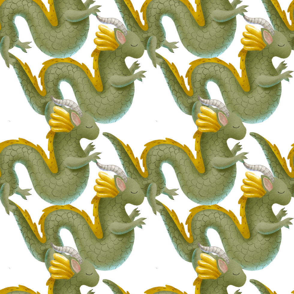 Pattern green and yellow asian dragon symbol of 2024 year. Chinese traditional cartoon character. Monster. Seamless pattern, endless design. Ornament png