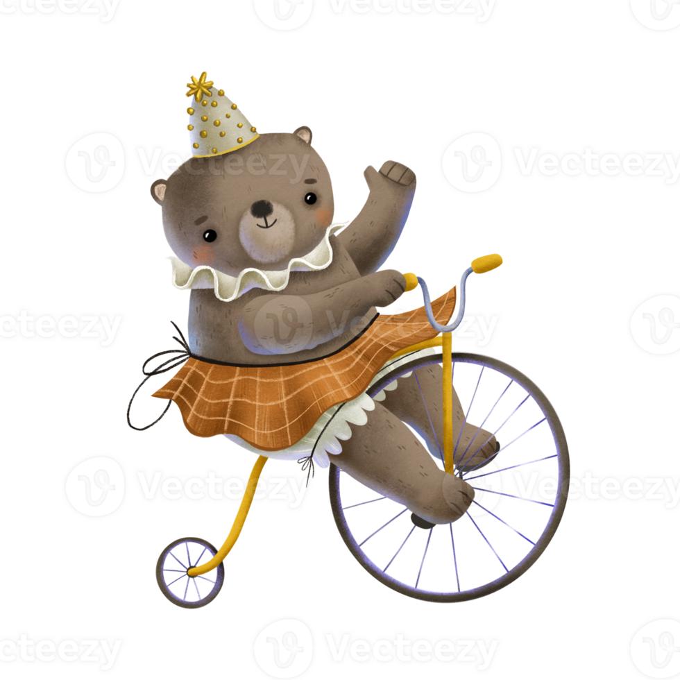 A cute bear in a clown hat and fluffy skirt rides a circus bicycle and waves his hand. Joyful animal performing on the circus arena Cute isolated hand drawn illustration for children png