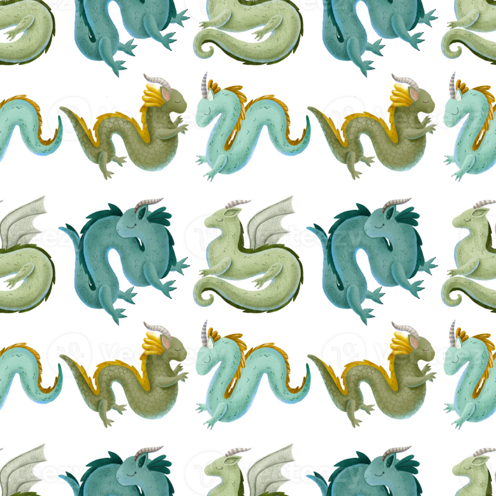 Chinese green and blue  different dragons. Seamless pattern with mystic monster. New year symbol 2024. Loopable design png