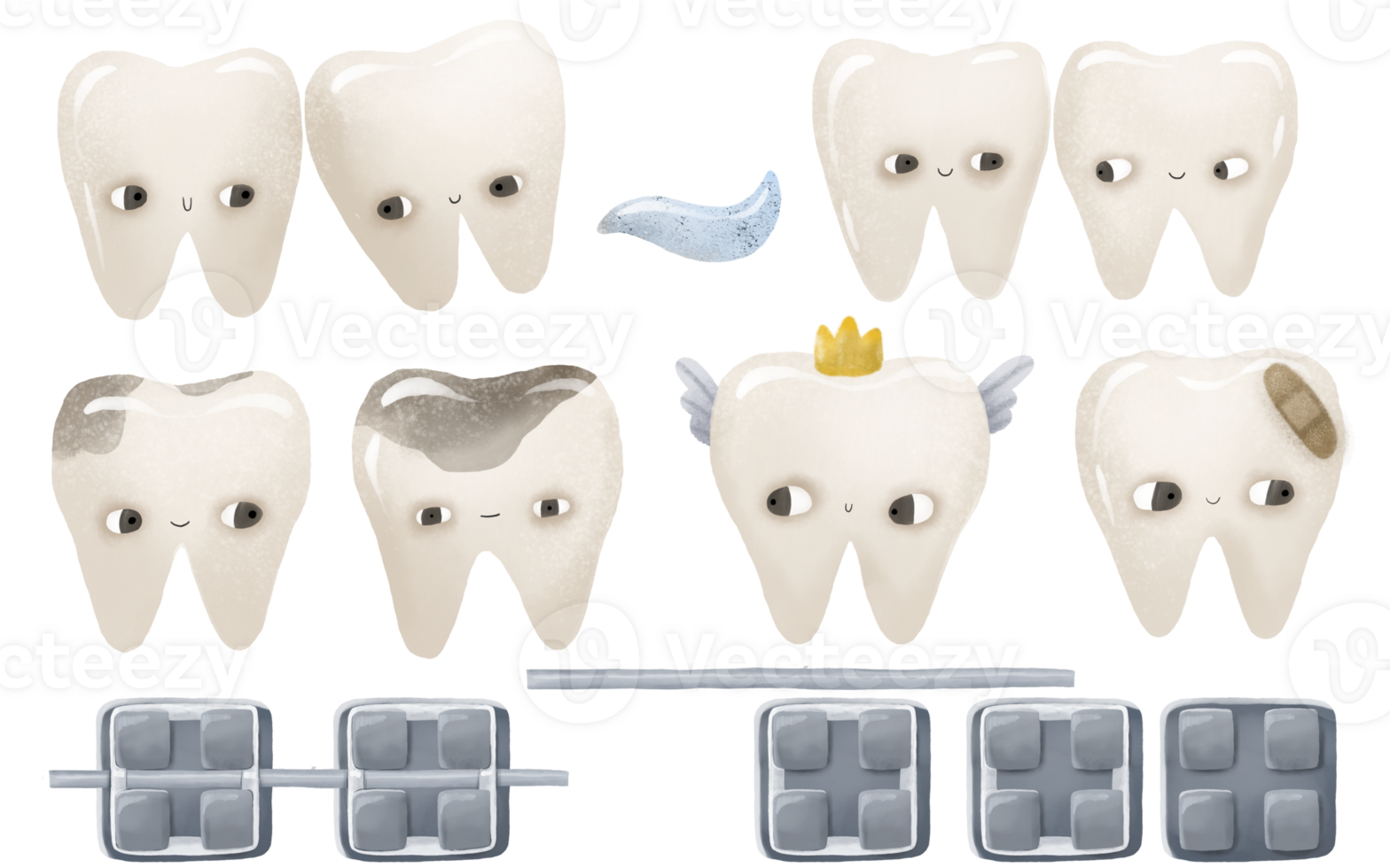 conjunto de dientes ilustraciones. sano blanco dientes, enfermo diente con caries, pulpitis, diente con yeso, diente hada con alas y corona, metal tirantes y ortodoncia tratamiento. linda bebé ilustración png