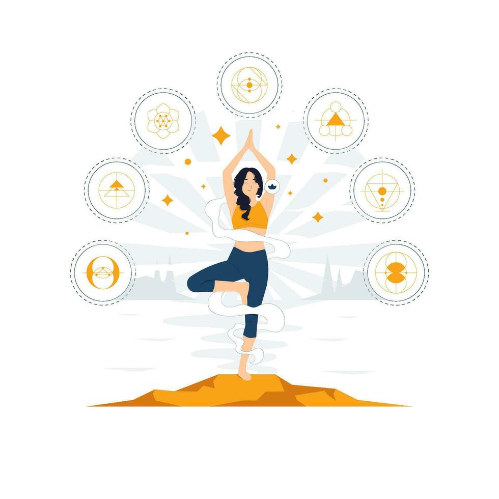 Meditation, relaxation, yoga, mindfulness, inner peace. Serene calm woman enjoying meditation in nature while her eyes closed, breathing exercises with hands in zen gesture concept illustration vector