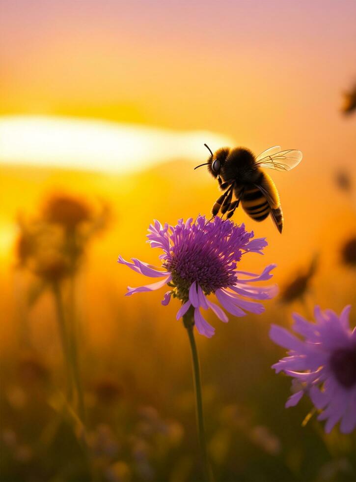 bee on purple flower at sunset photo