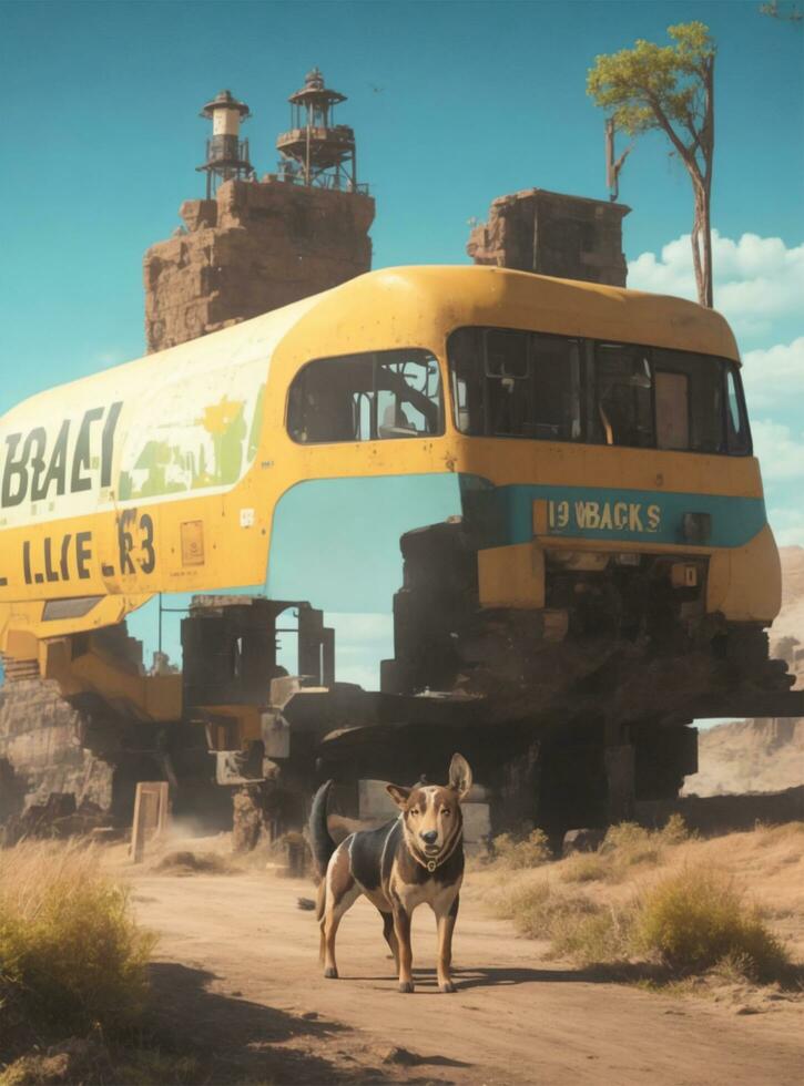a dog is standing in front of a bus photo
