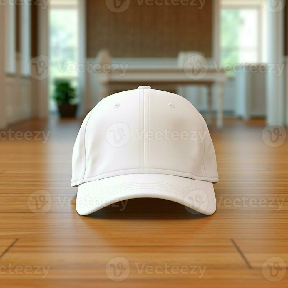 ai generado blanco blanco gorra en el madera piso foto