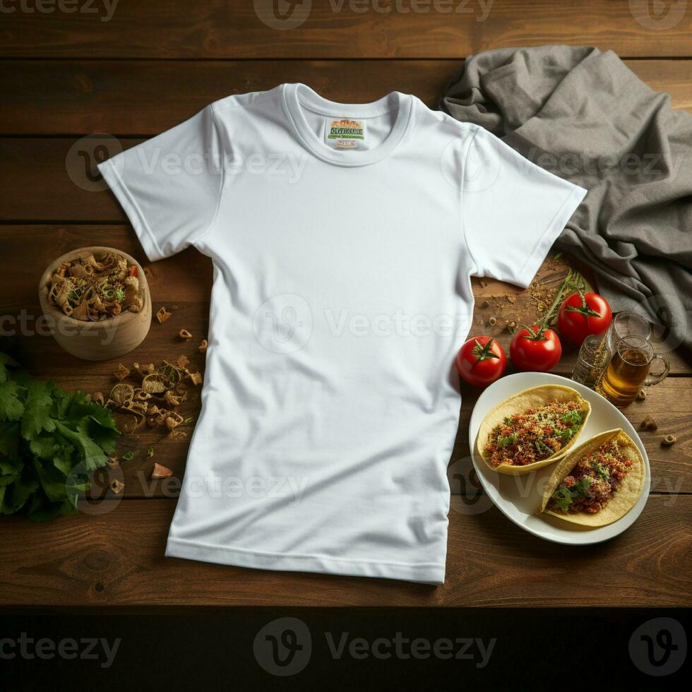 AI generated Blank white t - shirt lying in a sleeping position on a table, up view with several tacos food photo