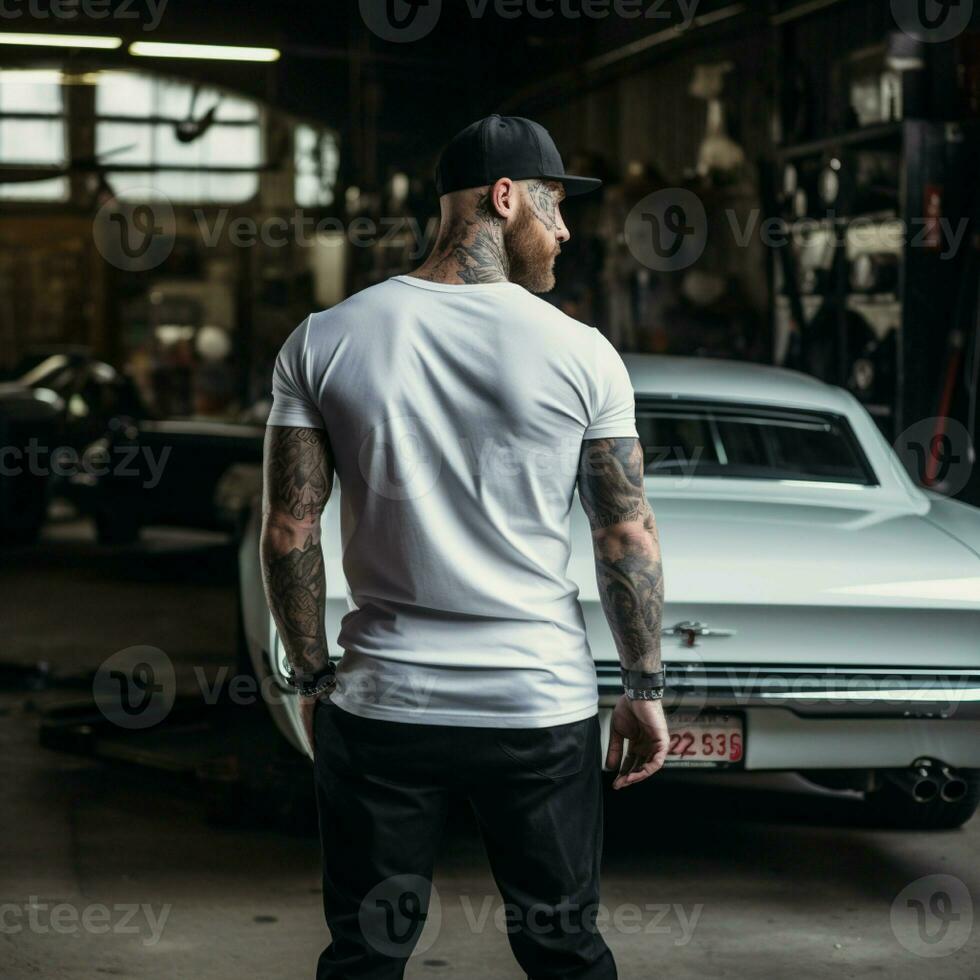 AI generated A muscle man standing behind a muscle car. man wearing blank white t-shirt photo