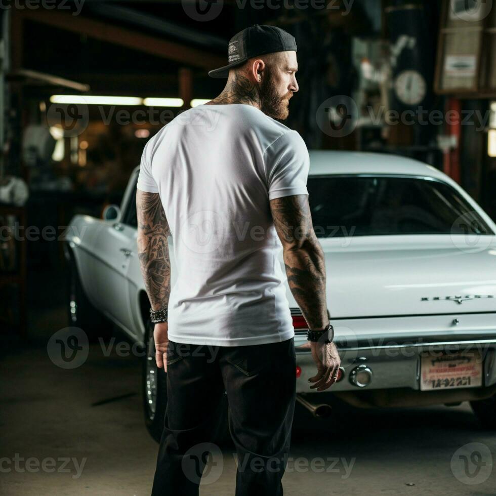 ai generado un músculo hombre en pie detrás un músculo coche. hombre vistiendo blanco blanco camiseta foto