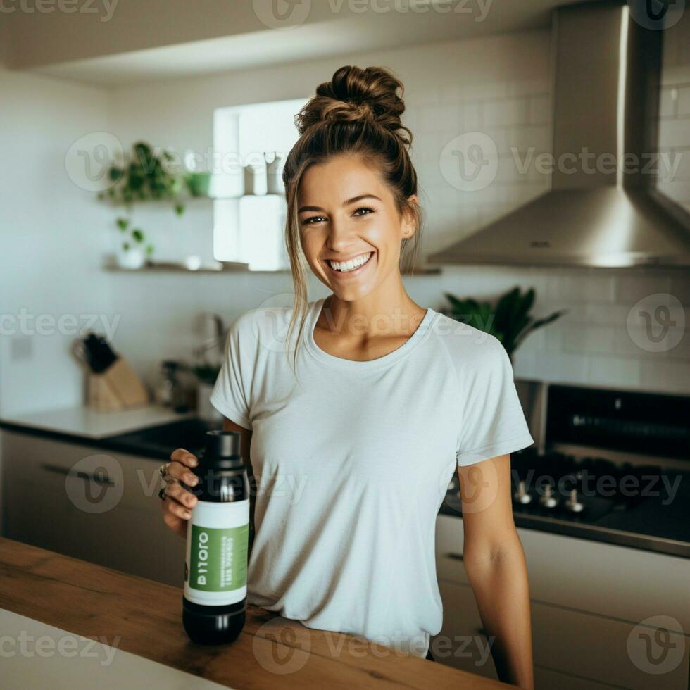 AI generated Brunette woman wearing blank white t-shirt and holding a bottle, in modern kitchen photo