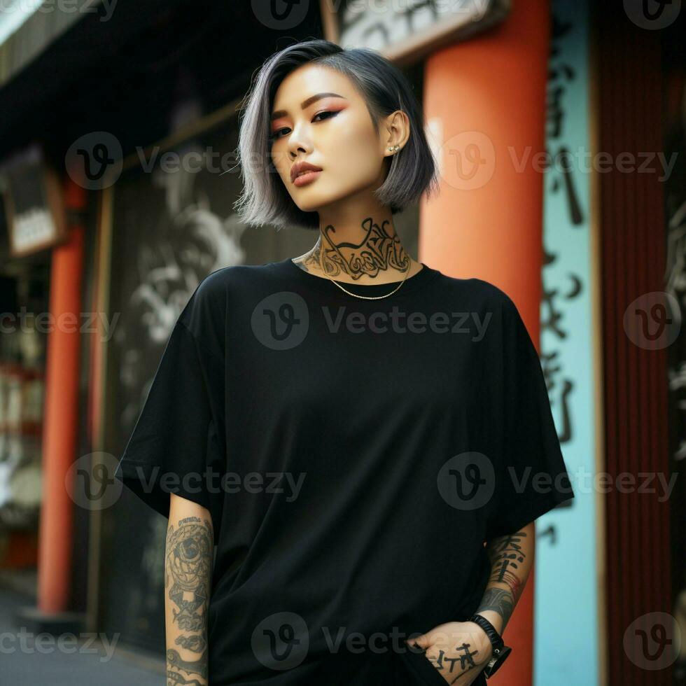 AI generated an asian girl with tattoos wearing a black oversized t-shirt photo