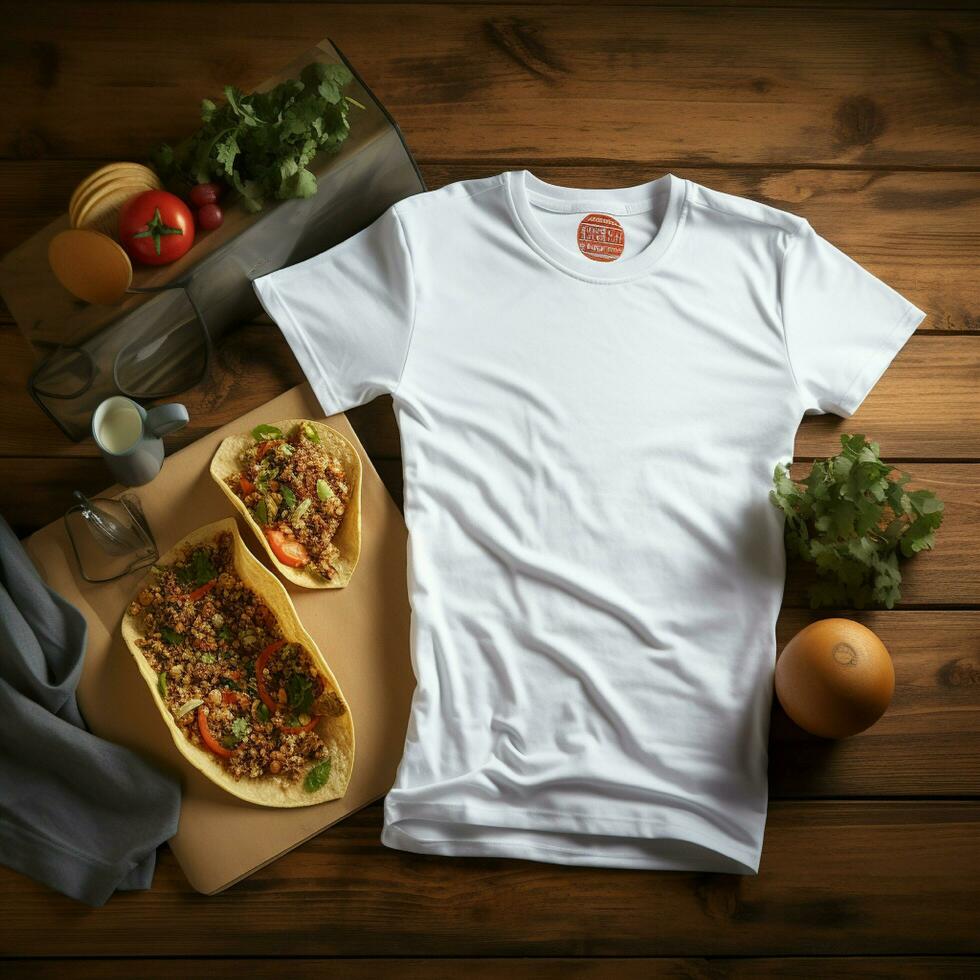 AI generated Blank white t - shirt lying in a sleeping position on a table, up view with several tacos food photo