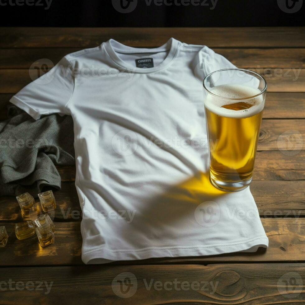 AI generated Blank white t - shirt lying in a sleeping position on a table and are several glass of beer photo