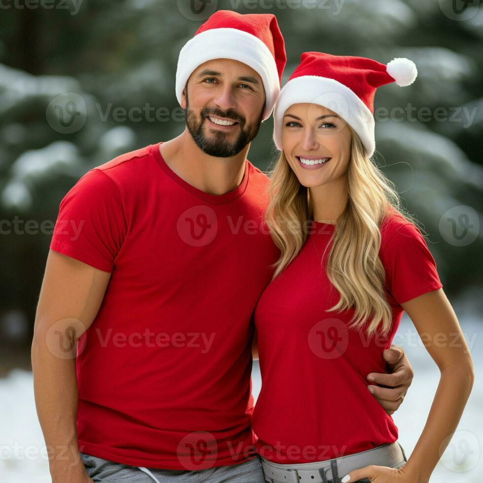 AI generated a beautiful couple, both are wearing red t-shirts and Santa Christmas hats photo