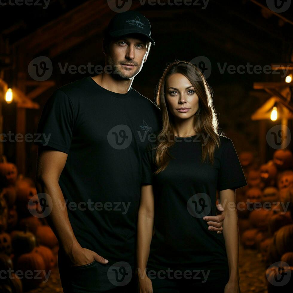 AI generated a beautiful couple wearing black shirts, with background of scary halloween lights photo
