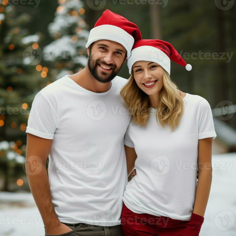 AI generated A couple with santa claus hats wearing white t-shirts with christmas tree and snow in the background photo