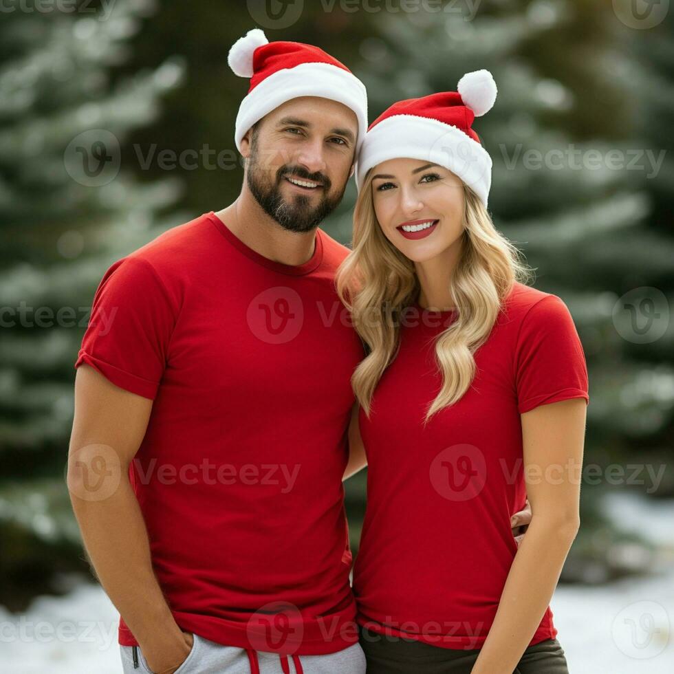 AI generated a beautiful couple, both are wearing red t-shirts and Santa Christmas hats photo