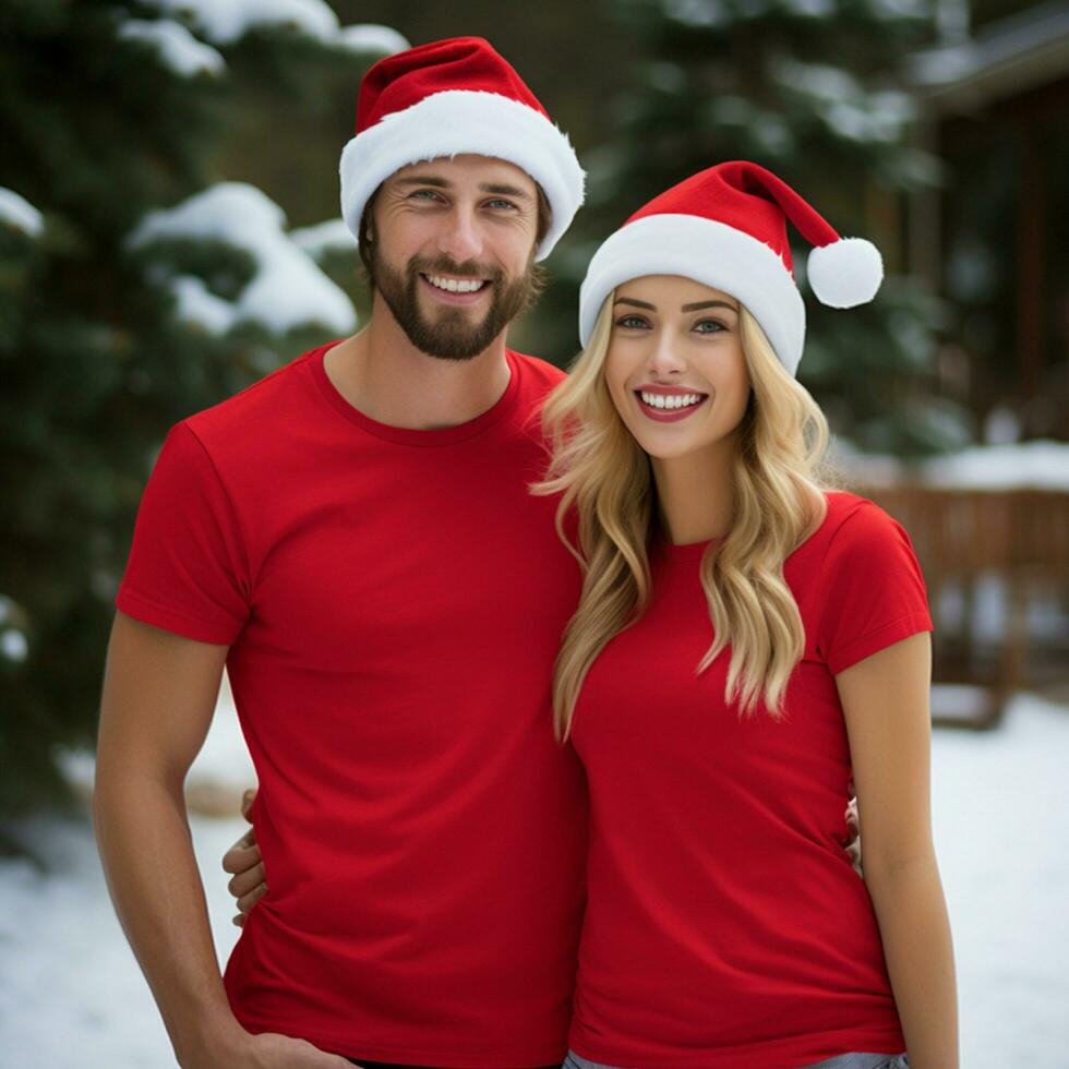 AI generated a beautiful couple, both are wearing red t-shirts and Santa Christmas hats photo