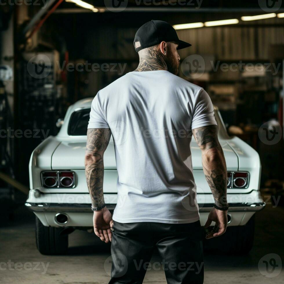 AI generated A muscle man standing behind a muscle car. man wearing blank white t-shirt photo