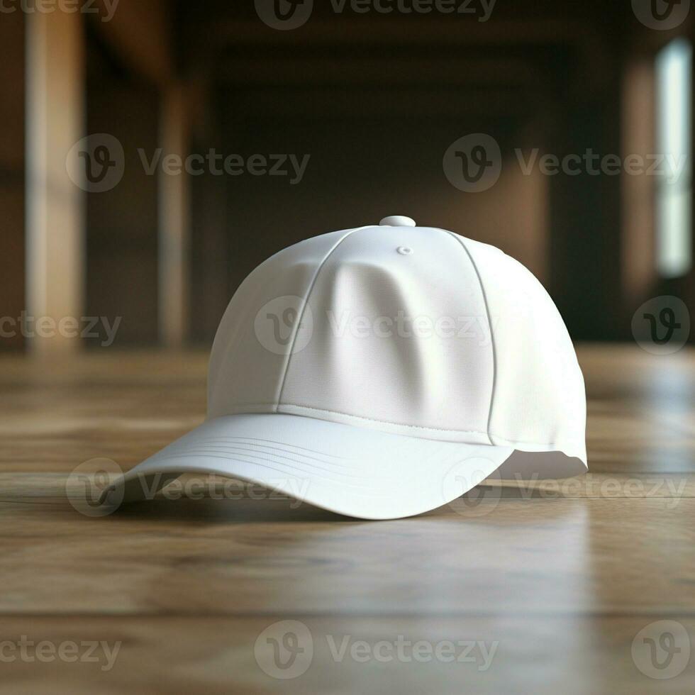 AI generated Blank white cap on the wood floor photo