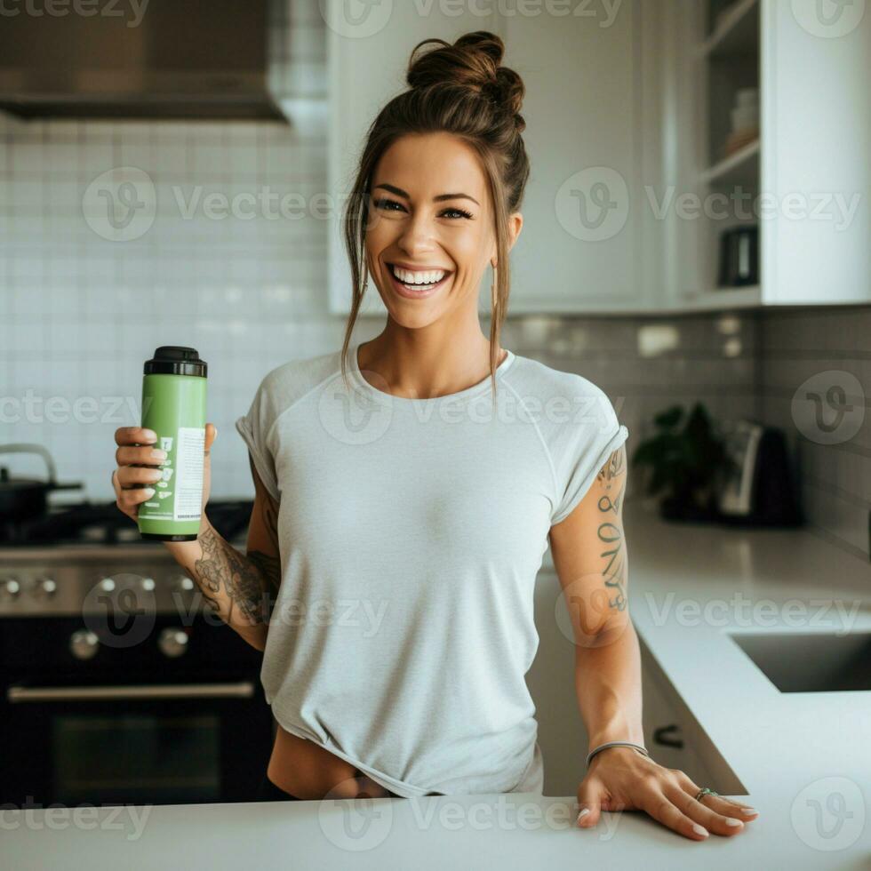 AI generated Brunette woman wearing blank white t-shirt and holding a bottle, in modern kitchen photo