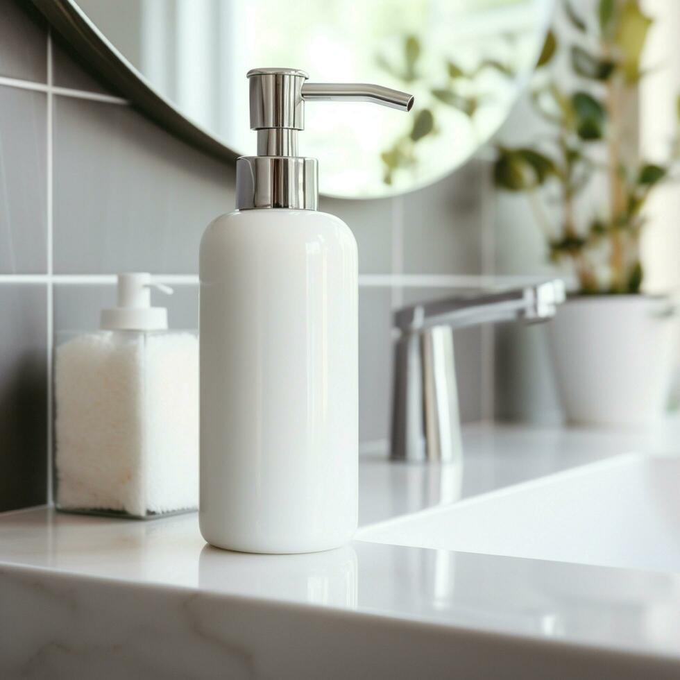 AI generated Soap bottle in blank white color, on the bath room photo