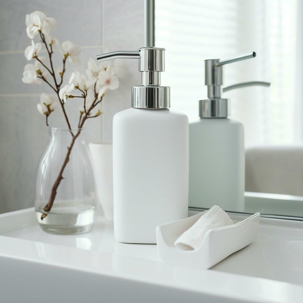 AI generated Soap bottle in blank white color, on the bath room photo