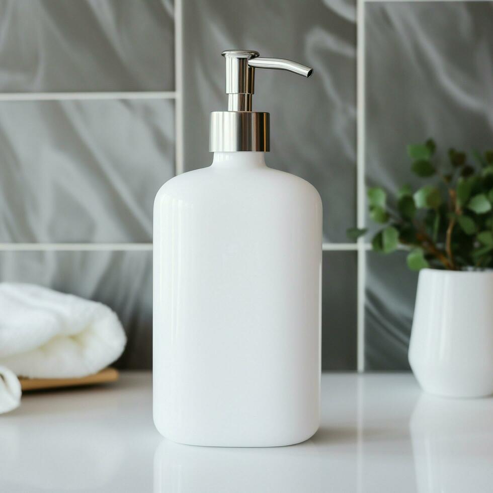 AI generated Soap bottle in blank white color, on the bath room photo