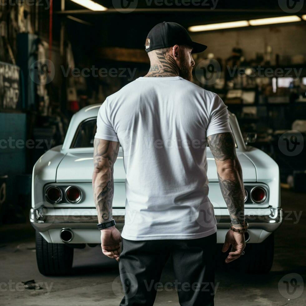 AI generated A muscle man standing behind a muscle car. man wearing blank white t-shirt photo