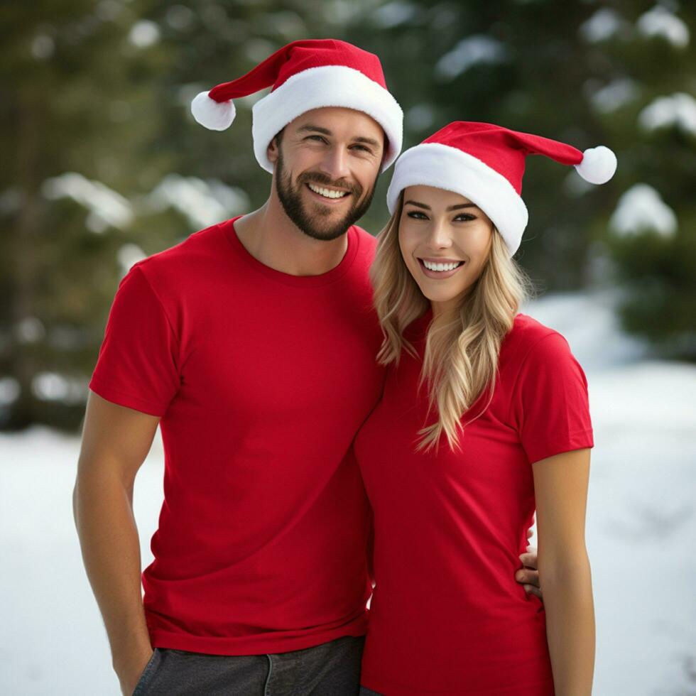 AI generated a beautiful couple, both are wearing red t-shirts and Santa Christmas hats photo