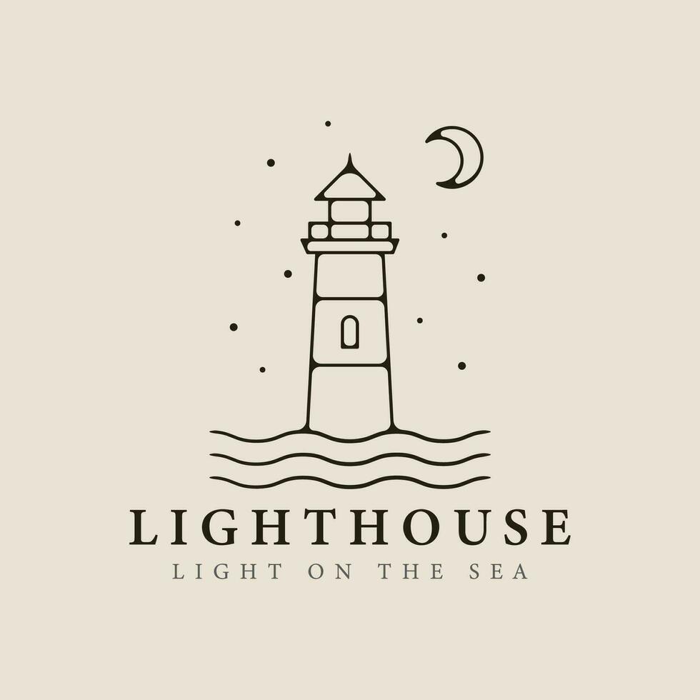 lighthouse line art logo minimalist style with moon and star vector illustration design.