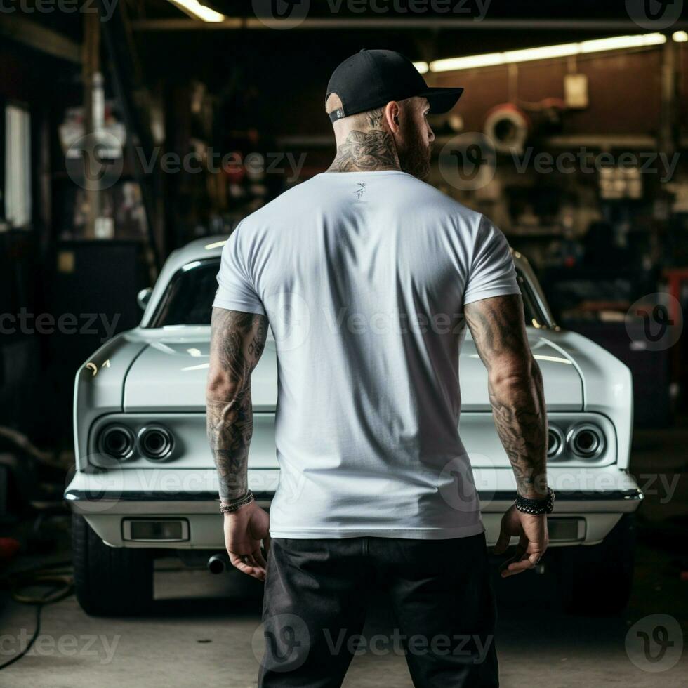 AI generated A muscle man standing behind a muscle car. man wearing blank white t-shirt photo