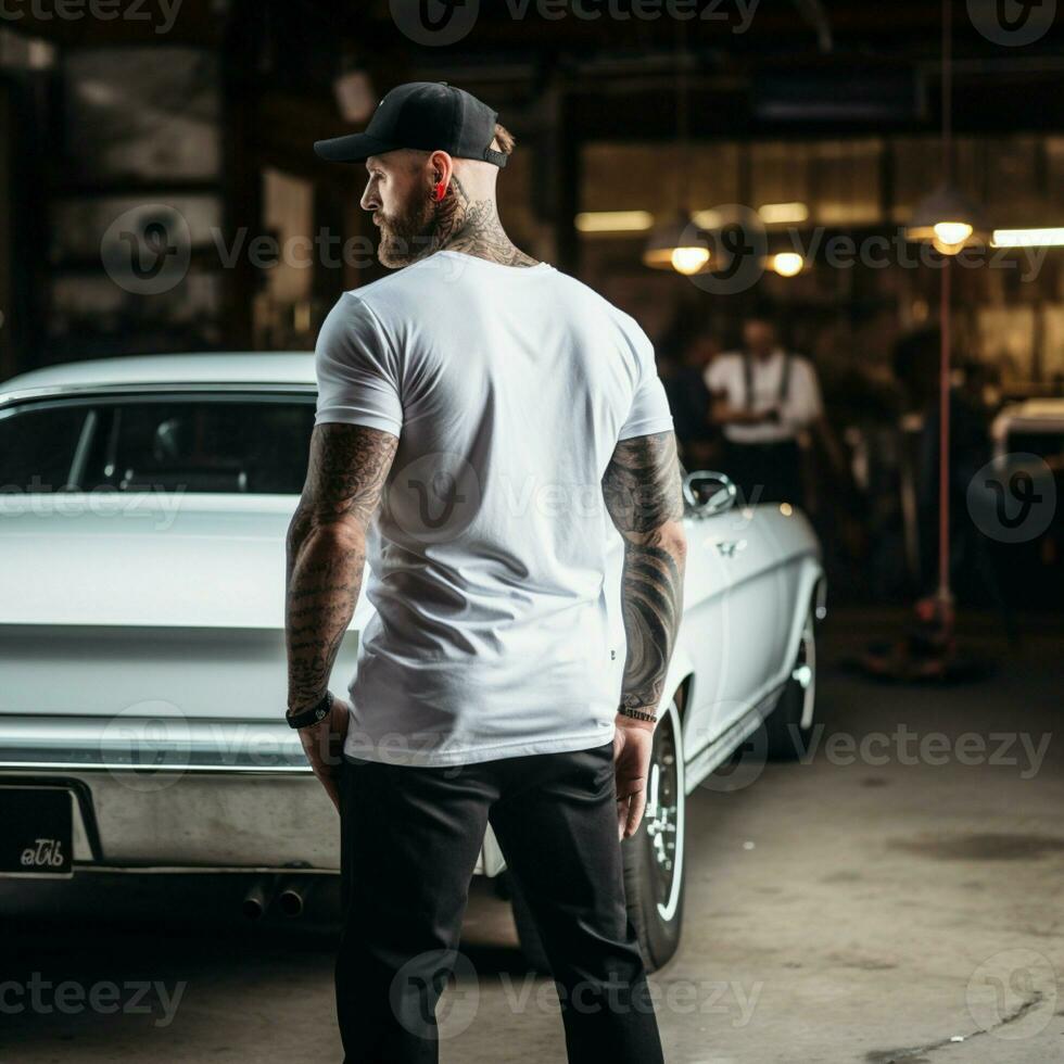 AI generated A muscle man standing behind a muscle car. man wearing blank white t-shirt photo