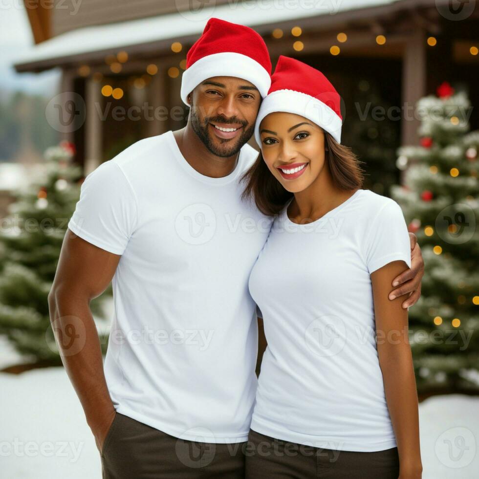 AI generated A couple with santa claus hats wearing white t-shirts with christmas tree and snow in the background photo